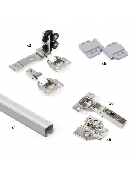 Emuca Système Twofold en format kit pour 2 portes coulissantes en bois suspendues et pliantes à fermeture amortie. 