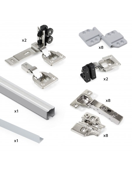 Emuca Système Twofold en format kit pour 2 portes coulissantes en bois suspendues et pliantes à fermeture amortie. 