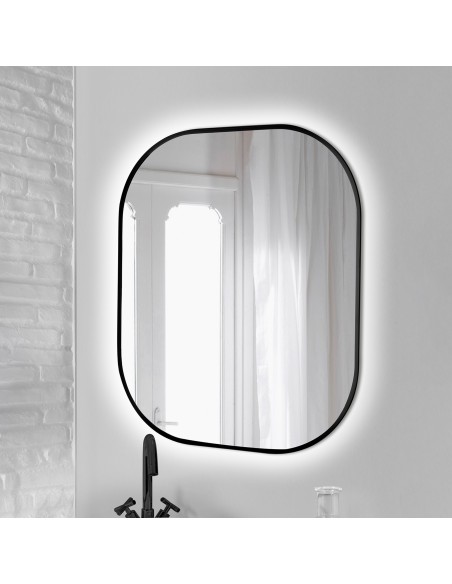 Miroir Cepheus avec éclairage décoratif à LED et cadre noir, arrondi rectangulaire 600 x 800 mm, AC 230V 50Hz, 12 W, Aluminium e