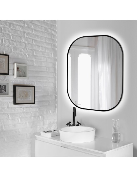 Miroir Cepheus avec éclairage décoratif à LED et cadre noir, arrondi rectangulaire 600 x 800 mm, AC 230V 50Hz, 12 W, Aluminium e