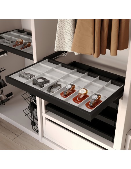 Kit de tiroir d'organisation avec glissières à fermeture douce pour armoire, réglable, module 600mm, noir texturé et gris pierre