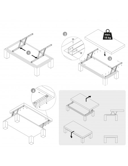 Ensemble de mécanismes de levage pour tables basses, permette elevare la mesa 192mm, Acier, Peint en noir 