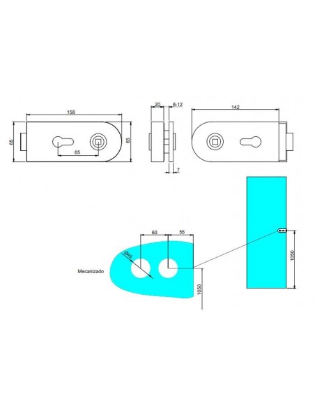 Emuca Kit de serrure et de g�che pour portes en verre doubles, loquet horizontal pour porte en verre 8-12mm, acier et aluminium,