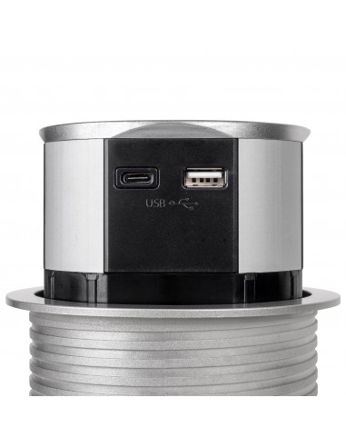 Emuca Multiconnecteur Vertikal Push diam�tre 100mm, 3 prises de type Schuko, 1 USB type A, 1 USB type C, Acier et Plastique, Pei