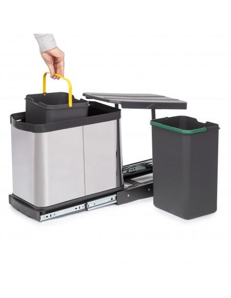 Bac à recyclage pour montage inférieur et extraction manuelle/automatique dans les éléments de cuisine, Inox 2x12 litres plastiq