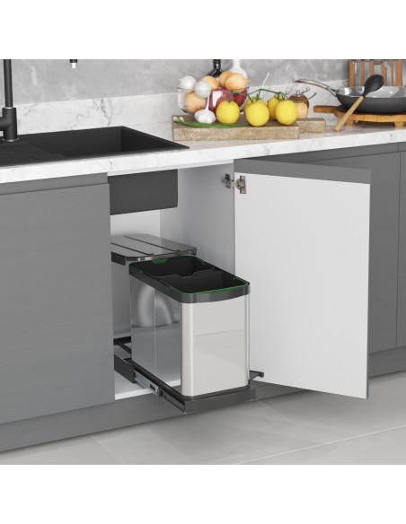 Bac à recyclage pour montage inférieur et extraction manuelle/automatique dans les éléments de cuisine, Inox 2x12 litres plastiq