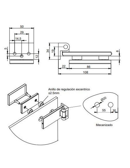 Charnière pour porte en verre avec garniture en acier inoxydable, charnière horizontale avec embout de 34mm, pour porte de 8-12m